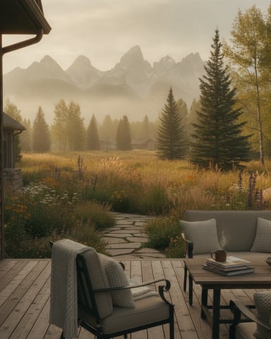 Wooden deck with outdoor seating overlooking misty mountain valley with evergreen forest and golden meadow