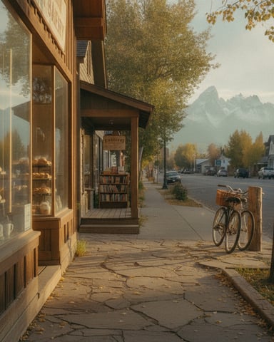 Small-town street with bakery storefront, bookshelf, bicycle, and mountain range in background during autumn
