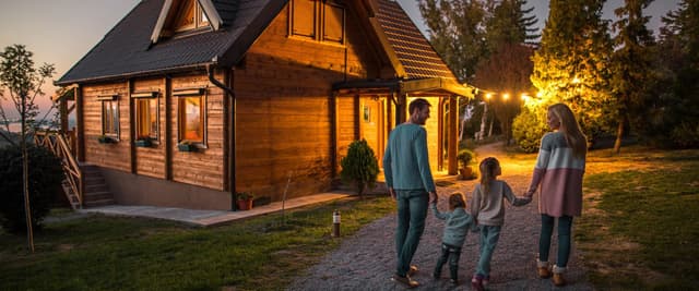 Illuminated wooden cabin at dusk with family of four standing in front yard surrounded by evergreen trees