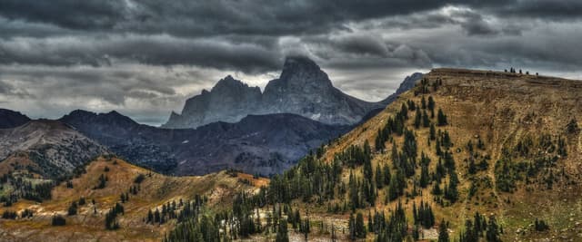 Alpine valley with coniferous forest and dramatic rocky peaks under stormy sky